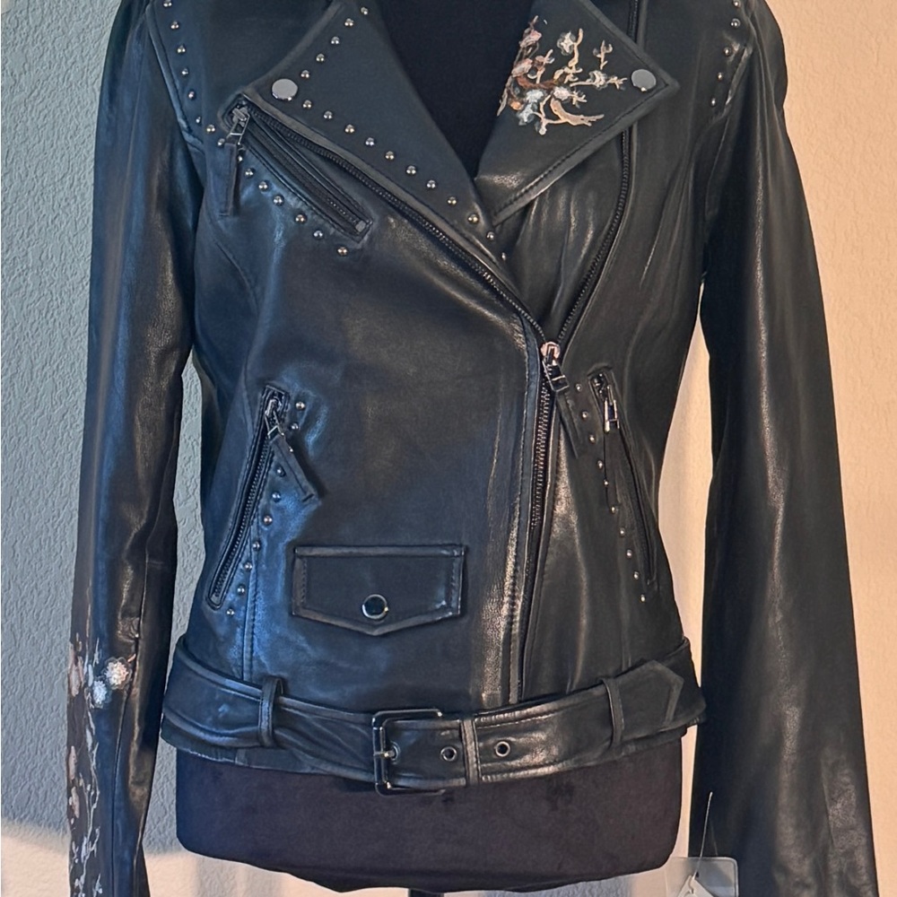 Scully Women’s Floral Embroidered Leather Moto Jacket M